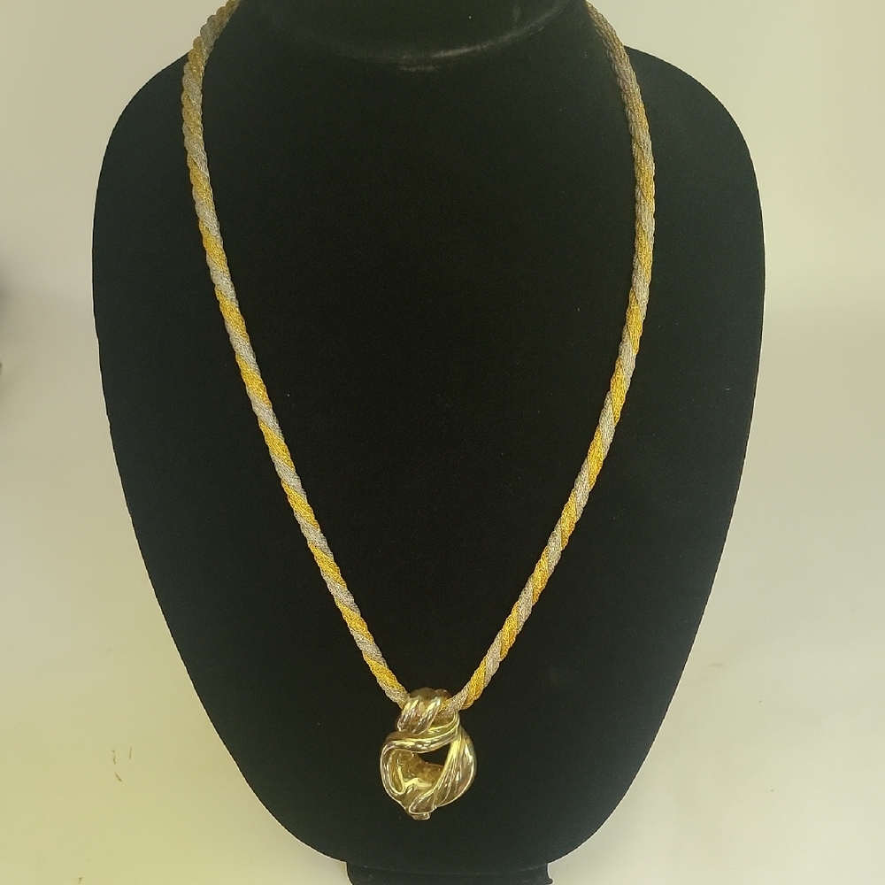 Necklace Gold Tone Glass Pendant Gold & Silver Tone Metallic Twisted Chain 22"